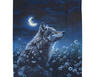 Velveteen Wolf Blanket | Windflower Field, Moonlight Design