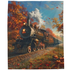 May include: A vintage steam locomotive train travels through a forest with autumn leaves in shades of red, orange, and yellow. The train is black and brown with a red number "007" on the front. The train is moving through a forest with a blue sky and white clouds in the background.