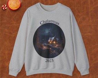 Festive Christmas 2023 Sweatshirt - Snowy Cabin & Starry Night - Comfy Holiday Apparel