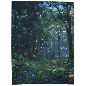 Puede incluir: Una pintura digital de un bosque mágico de noche. Los árboles son altos y oscuros, y el suelo está cubierto de musgo verde. Hay muchas pequeñas luces brillantes dispersas por el bosque, creando una atmósfera mágica.