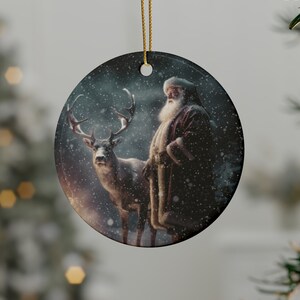 Santa and Reindeer Christmas Ornament - Beautiful, Traditional Ceramic Christmas Ornament
