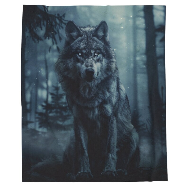 May include: A grey wolf sits in a misty forest with a blue-toned background. The wolf has piercing blue eyes and is looking directly at the viewer.