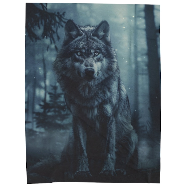 May include: A grey wolf sits in a misty woodland setting. The wolf has a serious expression and its fur is a mix of grey and black. The background is a blurry blue and green.
