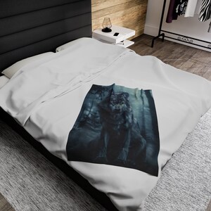 May include: A dark grey wolf with a fierce expression sits in a dark forest setting. The wolf is surrounded by trees and a misty atmosphere.