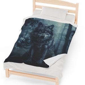 May include: A grey wolf stands in a dark forest with a bluish tint. The wolf has a serious expression and its eyes are focused on the viewer. The background is blurred and has a soft glow.