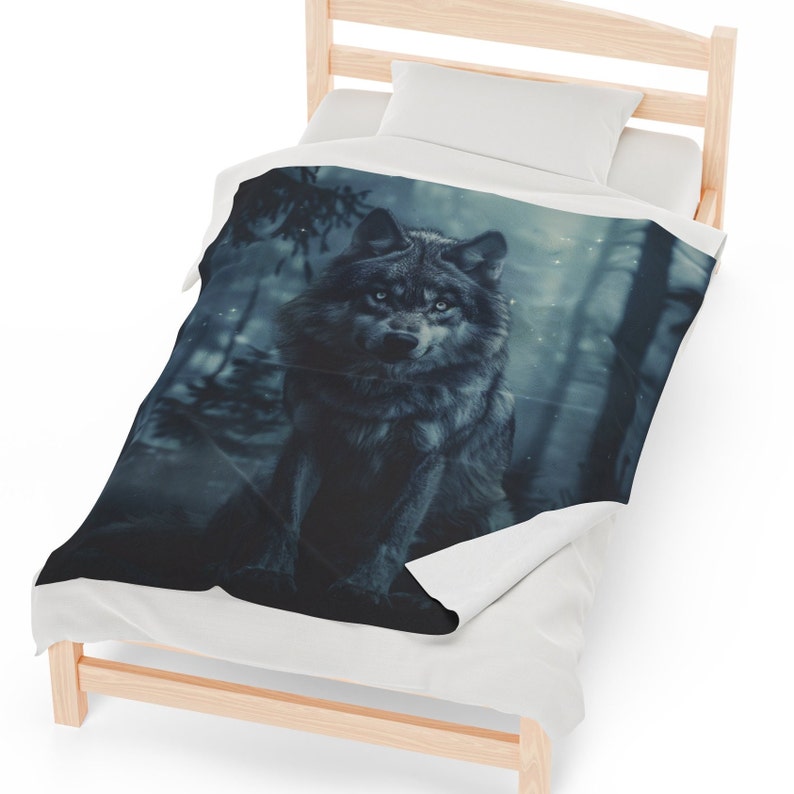 May include: A grey wolf stands in a dark forest with a bluish tint. The wolf has a serious expression and its eyes are focused on the viewer. The background is blurred and has a soft glow.