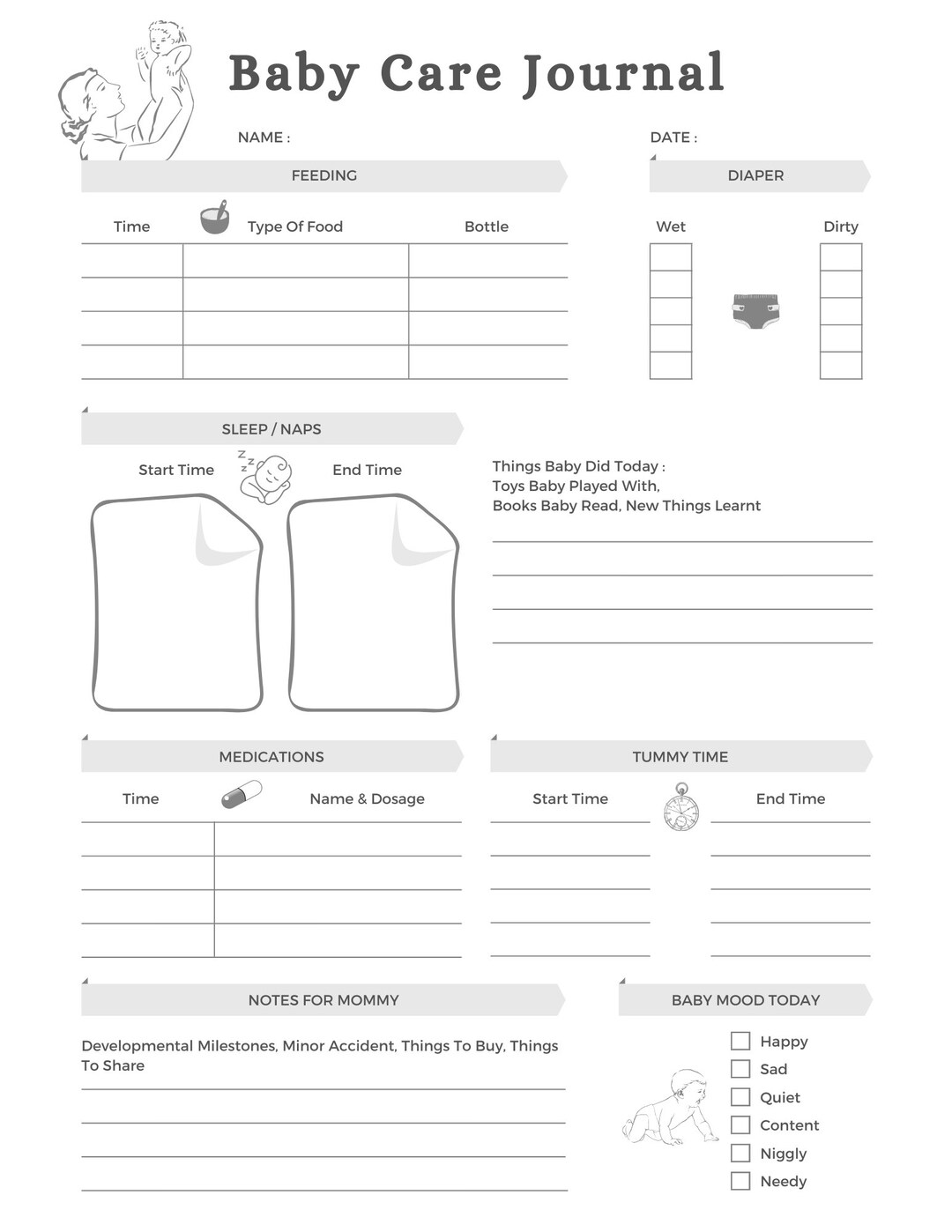 Daily Newborn Log Printable Infant/toddler Daily Report for - Etsy