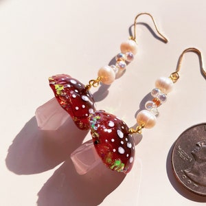 Brown Mushroom Dangle Earring Fairycore Drop Earring Forest Resin Jewelry 18k Gold Filled Ear Wire Natural Pearl Witchy Gift image 2