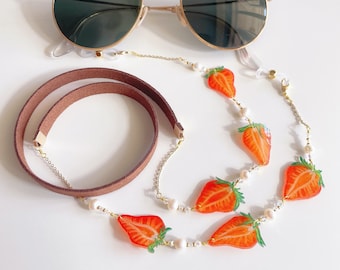 Strawberry Slices Glasses Chain | Cute Fruit Sunglasses Chain | Kawaii Eyewear Chain | Fairycore Lanyard | Food Jewelry | Plant Lover Gift