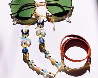 Gothic Glasses Chain, Crescent Moon and Star Beads, Freshwater Pearls, Crystal Glass