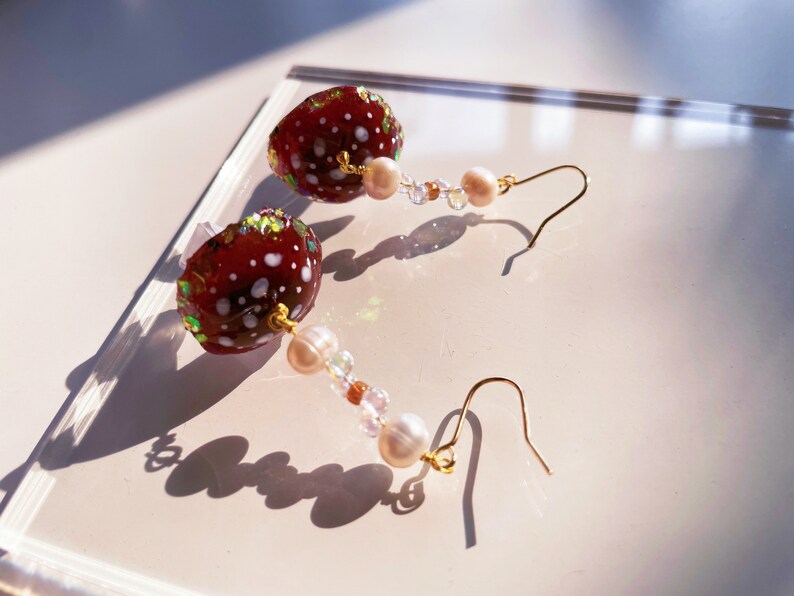 Brown Mushroom Dangle Earring Fairycore Drop Earring Forest Resin Jewelry 18k Gold Filled Ear Wire Natural Pearl Witchy Gift image 8