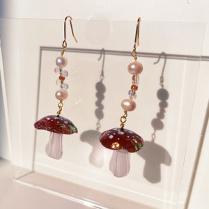 Brown Mushroom Dangle Earring Fairycore Drop Earring Forest Resin Jewelry 18k Gold Filled Ear Wire Natural Pearl Witchy Gift image 1