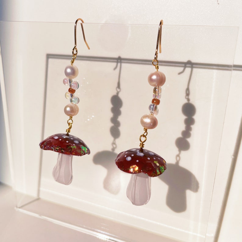 Brown Mushroom Dangle Earring Fairycore Drop Earring Forest Resin Jewelry 18k Gold Filled Ear Wire Natural Pearl Witchy Gift image 1