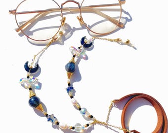 Moon and Star Glasses Chain, Celestial Eyeglass Chain, Blue Beaded Sunglasses Strap, Witchy Stargazer Gift