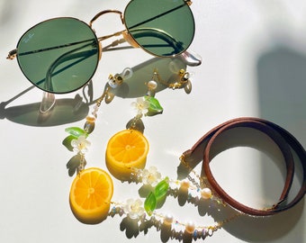 Cadena de gafas de rodajas de limón / Linda cadena de gafas de sol de lima / Cadena de gafas de frutas Kawaii / Cordón Cottagecore / Joyería de alimentos / Regalo amante de las plantas