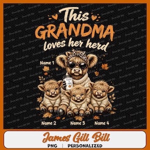 May include: A digital graphic featuring a large Highland cow wearing sunglasses and a leopard print bow, holding a coffee cup labeled "Fueled by CHAOS". Three smaller Highland cows sit below, with the text "This GRANDMA loves her herd".