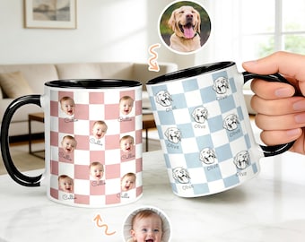 Custom Face & Name Mug, 16oz Chessboard Cup, Pet Memorial Art, New Mom Dad Coffee Gift
