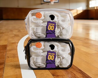Custom Basketball Clear Toiletry Bag: Personalized Jersey Travel Pouch for Players