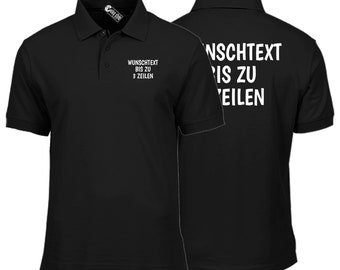 May include: Black polo shirt with white text on the front and back. The text on the front says "Wunschtext bis zu 3 Zeilen". The text on the back says "Wunschtext bis zu Zeilen".