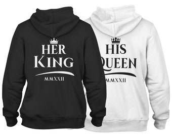 Her King His Queen Hoodie Couple Set with Desired Year in Roman Numerals for Couples - Couple Sweater Gift Idea 2 Hoodies 1 Price