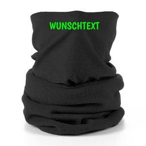 May include: Black fleece neck warmer with a green embroidered text that says "WUNSCHTEXT".
