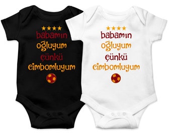 May include: Two baby onesies, one black and one white, with the text "babamin ogluyum cunku cimbomluyum" and a football graphic.