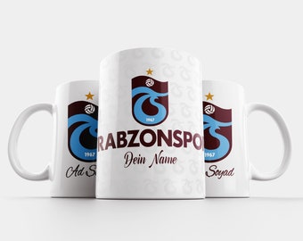 Trabzonspor Tasse mit Trabzon Flagge Fahne, mit Wunschname isim soyisim geschenk für Herren Damen und Kinder bordomavi