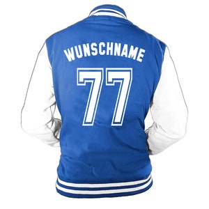 College Jacke mit Wunschnamen und Zahl Personalisierte College Jacke im College-Look für Herren Damen und Kinder Royalblau-Weiß