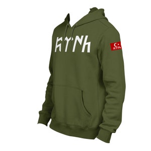 Hoodie with Göktürk Turk flag sweater Bozkurt for men women and children Ayyildiz gift black grey white military green Militärgrün + Arm