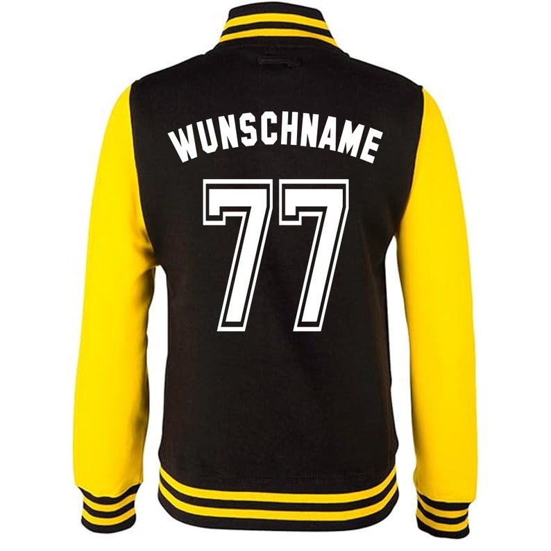 College Jacke mit Wunschnamen und Zahl Personalisierte College Jacke im College-Look für Herren Damen und Kinder Schwarz-Gelb