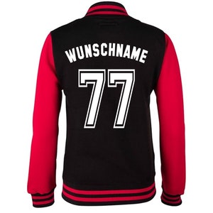 College Jacke mit Wunschnamen und Zahl Personalisierte College Jacke im College-Look für Herren Damen und Kinder Schwarz-Rot