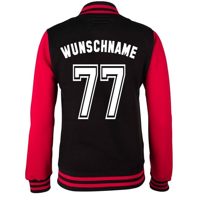 College Jacke mit Wunschnamen und Zahl Personalisierte College Jacke im College-Look für Herren Damen und Kinder Schwarz-Rot