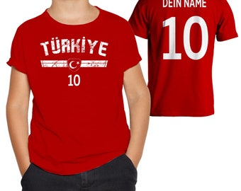 Türkei Kinder T-Shirt mit Türkei Flagge mit Wunschname + Zahl Geschenk für Mädchen und Jungen Trikot  fussball tshirt Geburtstag Weihnachten