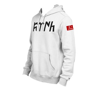 Hoodie with Göktürk Turk flag sweater Bozkurt for men women and children Ayyildiz gift black grey white military green Weiß + Arm