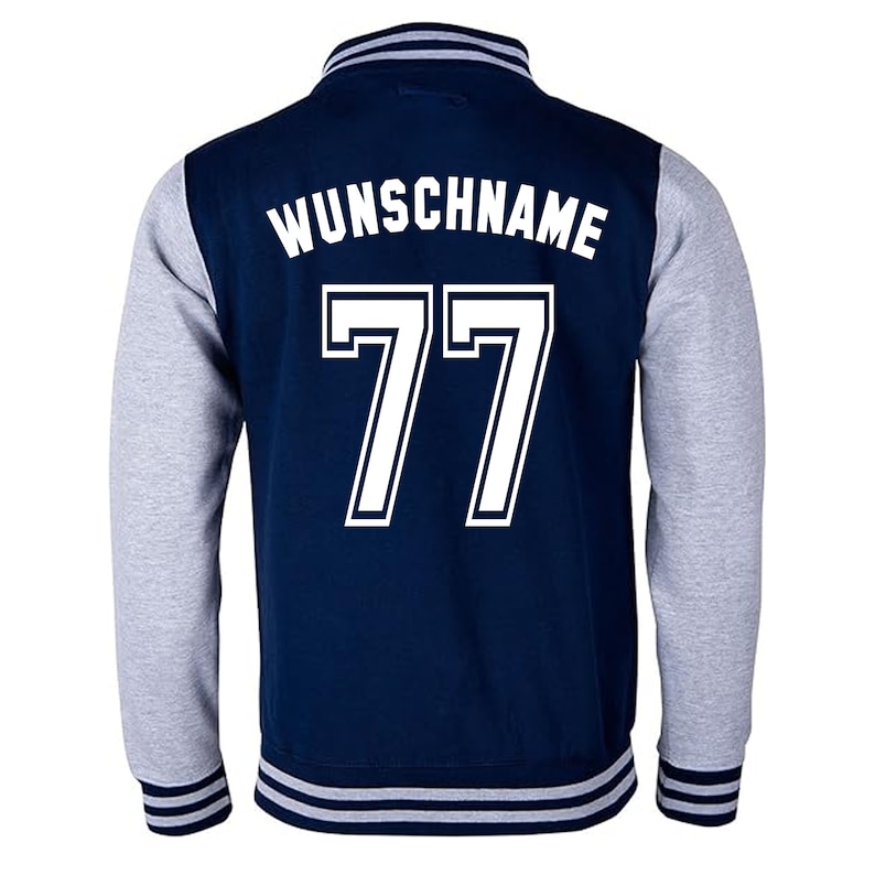 College Jacke mit Wunschnamen und Zahl Personalisierte College Jacke im College-Look für Herren Damen und Kinder Navy-Grau