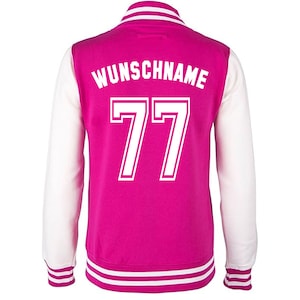 College Jacke mit Wunschnamen und Zahl Personalisierte College Jacke im College-Look für Herren Damen und Kinder Pink-Weiß
