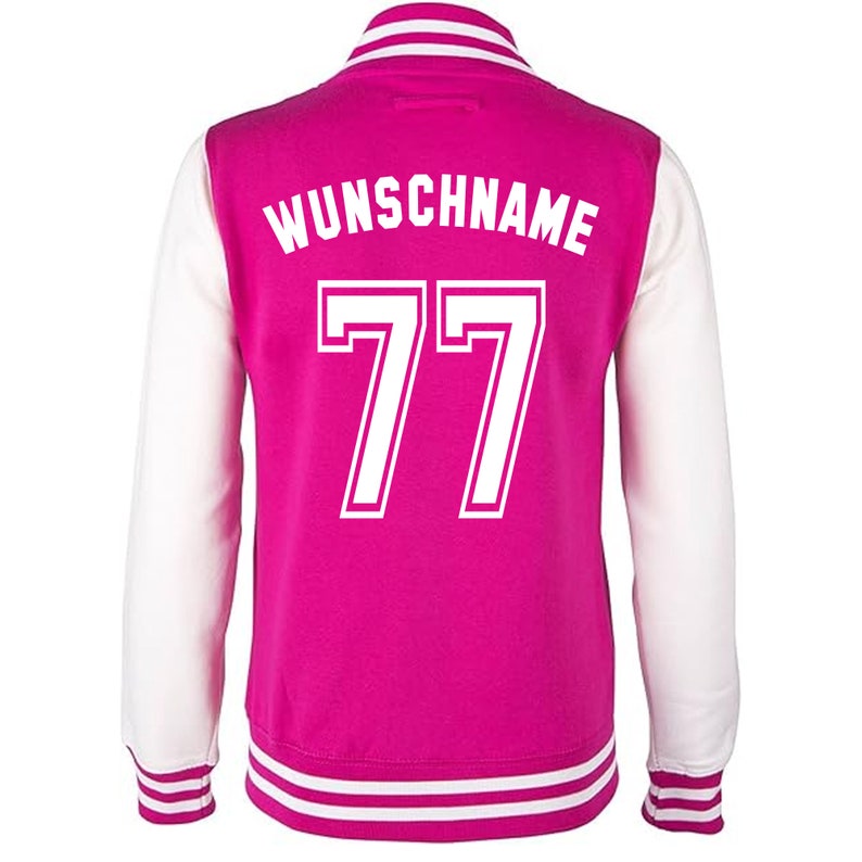 Chaqueta universitaria con nombre y número deseados Chaqueta universitaria personalizada con aspecto universitario para hombres, mujeres y niños Pink-Weiß