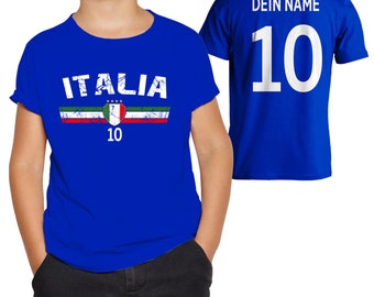Italien Kinder T-Shirt mit Wunschname + Nummer Personalisiertes WM EM Italia Trikot Shirt Geschenk Mädchen Jungen Geburtstag Weihnachten