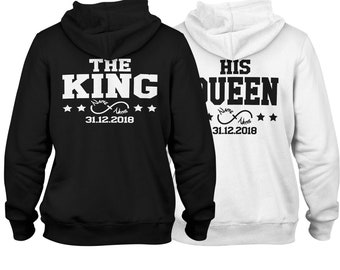 The King His Queen Hoodie Pärchen Set mit Wunschnamen Datum für Paare Couple-Pullover Geschenk Idee 2 Hoodies 1 Preis Jahrestag Weihnachten