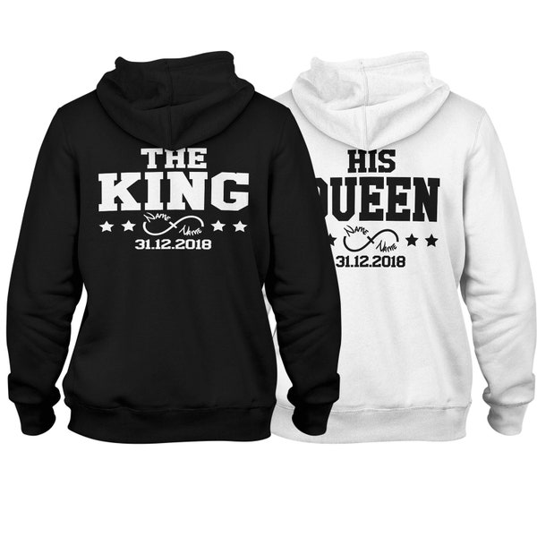 The King His Queen Hoodie Pärchen Set mit Wunschnamen & Datum für Paare - Couple-Pullover Geschenk Idee 2 Hoodies 1 Preis