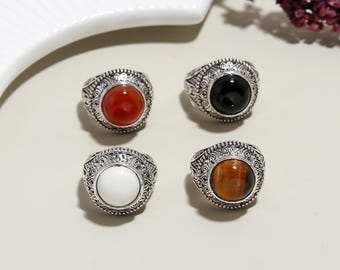 Vintage Statement Gemstone Rings – Men&#39;s Boho Rings with Black Onyx, Carnelian, Tiger Eye, and White Agate – Adjustable Silver Rings – Gift