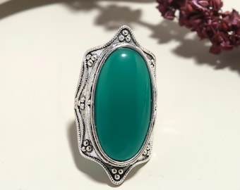 Vintage Style 925 Silver Green Onyx Statement Ring | Boho Ring for Women | Handmade Antique Finish Ring | Gothic Jewelry Gift