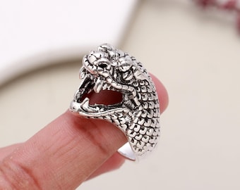 Anello Artigianale In Argento 925, Due Teschi Di Serpente, Stile Biker, Regolabile, Fatto In Bulgaria