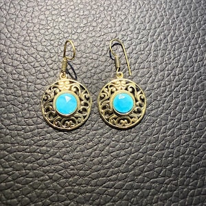 Vintage-Inspired Brass Dangle Earrings with Turquoise Stone – Boho Chic Handmade Jewelry, Filigree Statement Earrings, Gift for Her