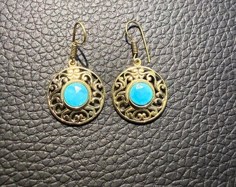Vintage-Inspired Brass Dangle Earrings with Turquoise Stone – Boho Chic Handmade Jewelry, Filigree Statement Earrings, Gift for Her