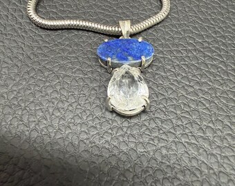 Sterling Silver Blue Lapis & Clear Quartz Pendant | Teardrop Crystal Necklace | Healing Gemstone Jewelry | Boho Spiritual Gift for Her