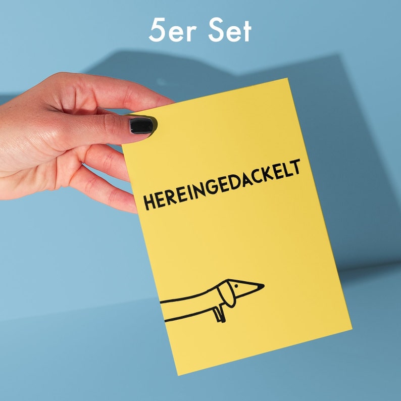 5er Set: Dackel-Postkarten • Hereingedackelt in gelb