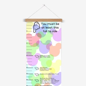 Child's Height Chart - Disney World Ride Height Restriction Markers.  Canvas print with wood hangers
