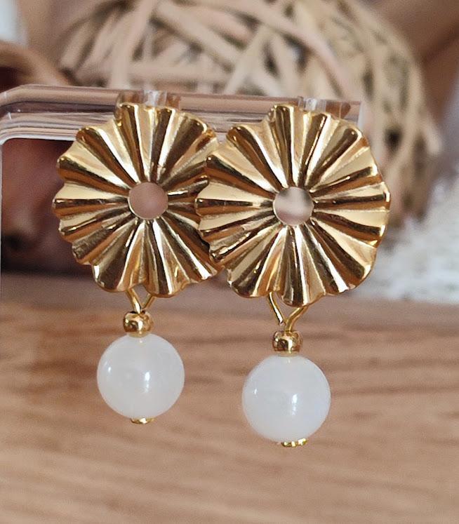 Boucles D'oreilles Argent Plaqué Or Rose - Pierres De Lune Et Soleil 5mm