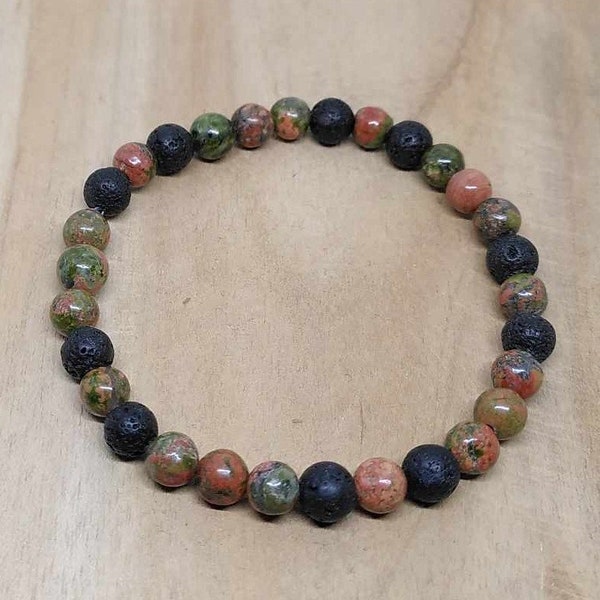 Bracelet de lithothérapie en unakite et pierre de lave.